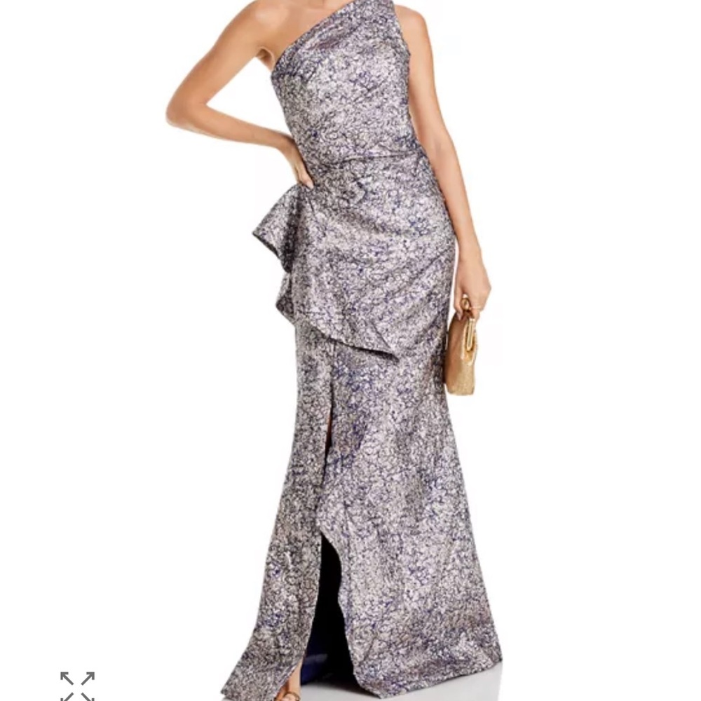 Teri Jon by Rickie Freeman Metallic Jacquard One-Shoulder Gown
